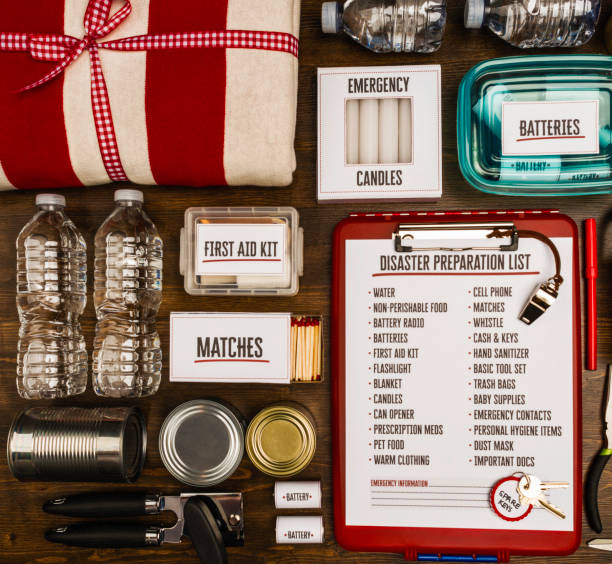 Discover the ultimate disaster preparedness essentials, featuring top survival gear like water bottles, canned goods, a first aid kit, matches, and batteries. Perfect for emergencies, this image inspires smart shopping for survival items on Temu."